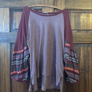Umgee Burgundy and Patterned Sleeve Blouse